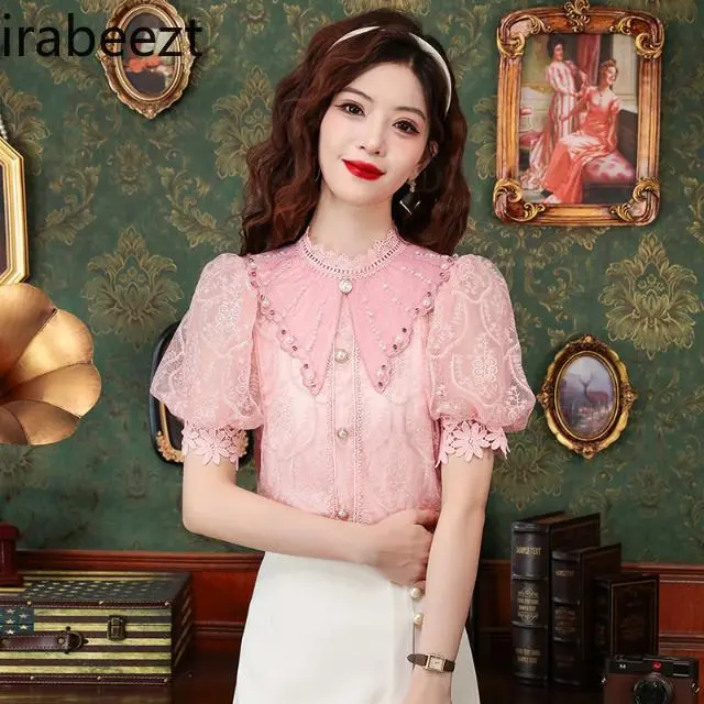 Elegant Stand Collar Puff Sleeve Lace Blouse Women's Summer 2025 New Short Sleeve Top - Fashion Feminine Shirt