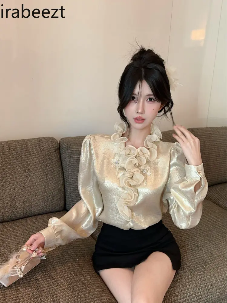 2025 Summer New French Temperament Lace Chic Tops Loose Shirt Tops Design Solid Color Casual Blusas Femininas Elegantes