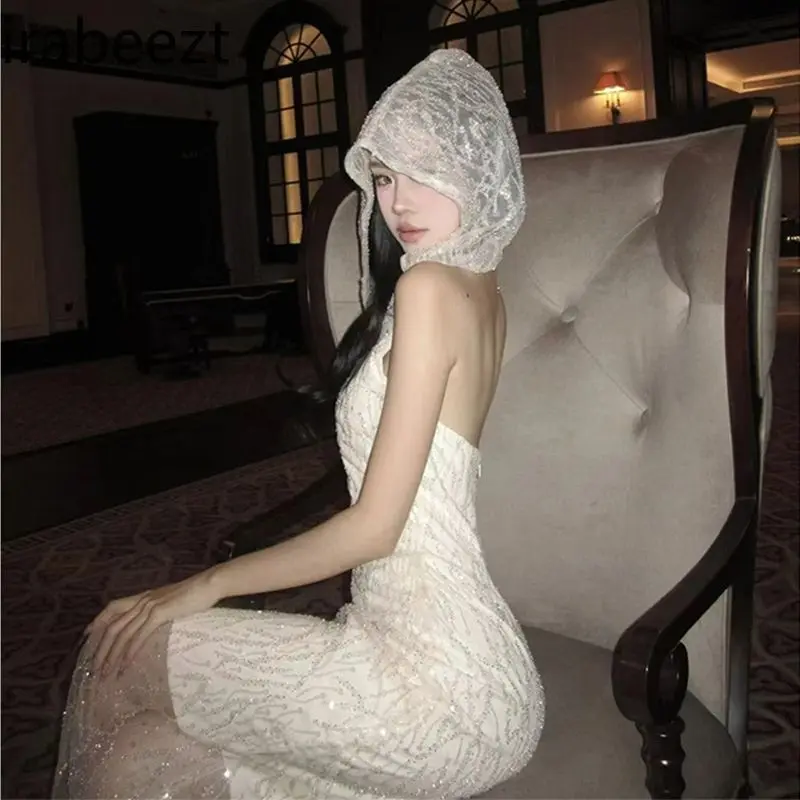2025 New Women's Sparkle Hooded Dress Spring Sequins Party Long Sleeve Elegant A-Line Casual Vestidos de Fiesta