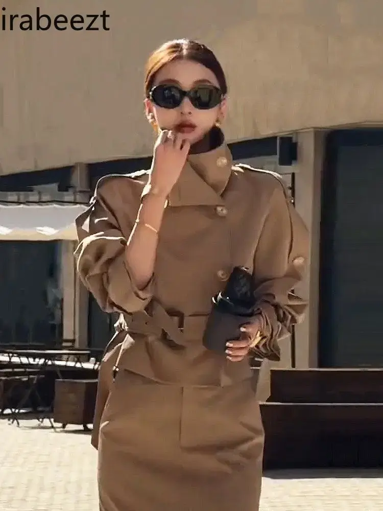 2025 New Fashion Suit Temperament Niche Design Coffee Color Trench Coat High Waist Half Skirt Two-piece Set Blazer Sets