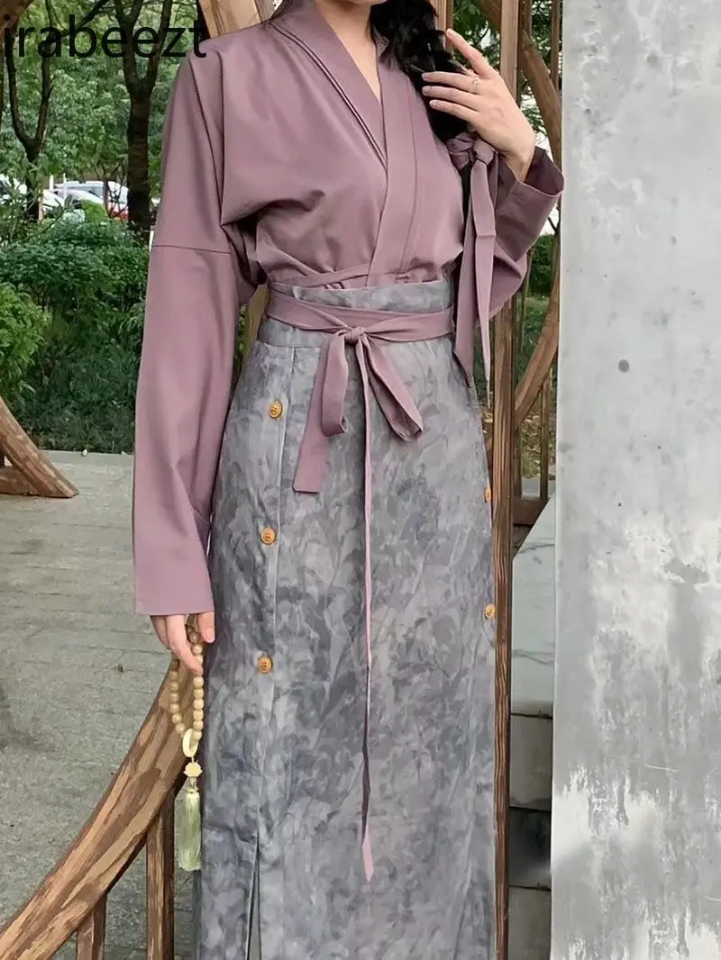 New Spring Purple Hanfu Style Blouse Two-Piece Set Elegant Chinese Traditional Embroidered Tops + Skirt Fashion Casual Outfit