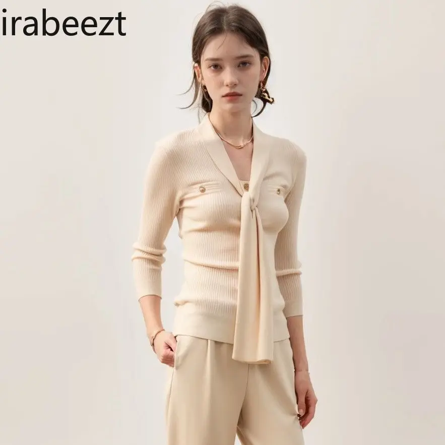 Elegant V-Neck Tie-Wrap Long Sleeve Sweater Women Winter Ribbed Knit Top Slimming Belted Waist Feminine Blouse Tunic Pullover