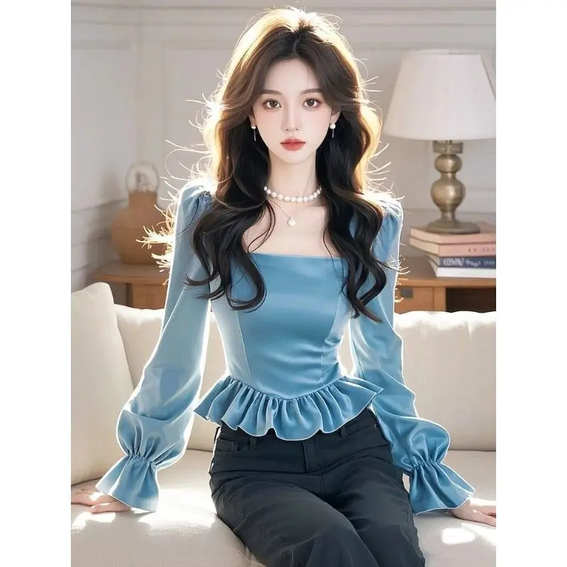 Women's Blue Velvet Blouse with Ruffles - Elegant & Unique Design Premium Satin Fabric Fashionable Top for Casual or Formal Wear