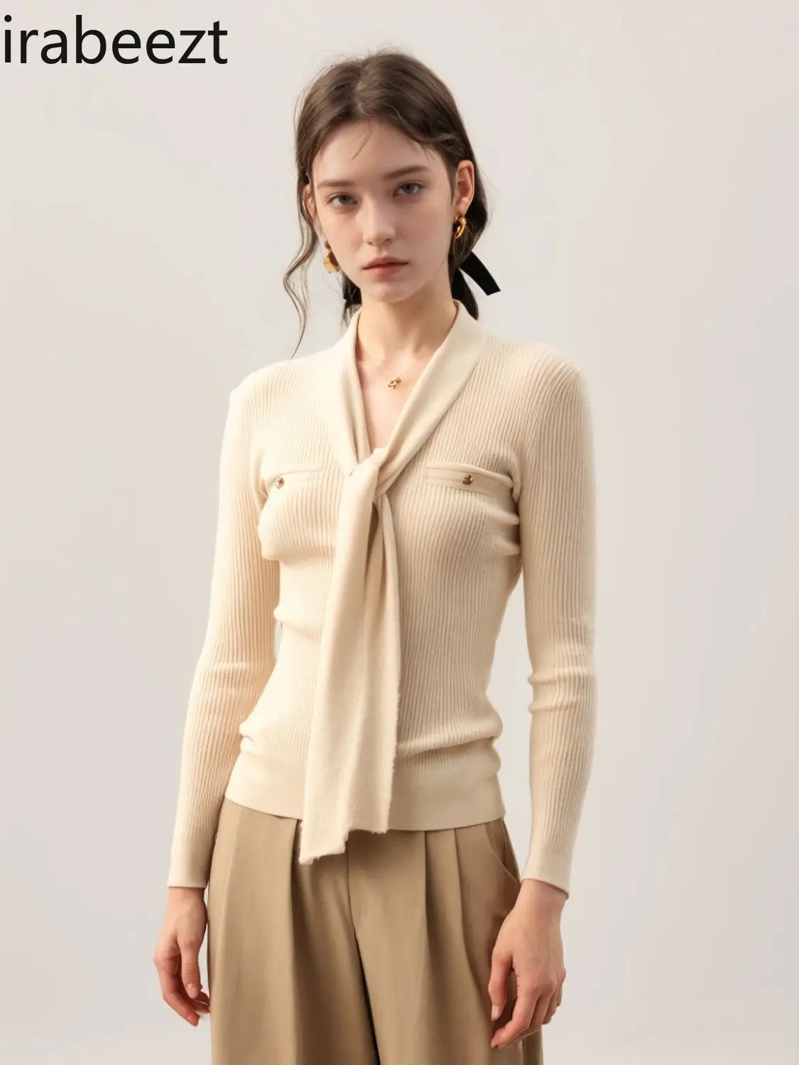 Elegant V-Neck Tie-Wrap Long Sleeve Sweater Women Winter Ribbed Knit Top Slimming Belted Waist Feminine Blouse Tunic Pullover