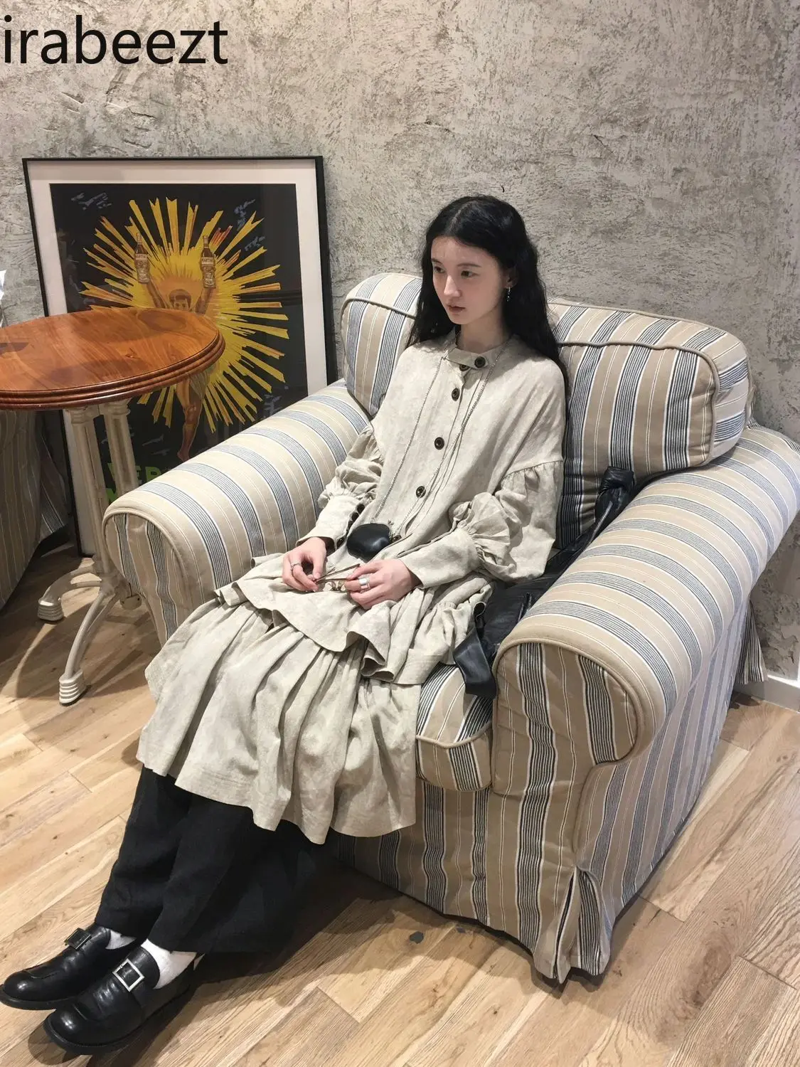 Neo-Chinese Style Apricot Patchwork Faux Two-Piece Shirt Gown - Lazy Chic Loose A-Line Tiered Ruffle Long Sleeve Overlay Dress