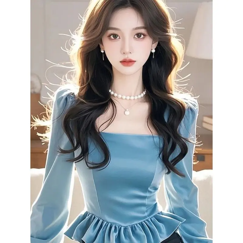 Women's Blue Velvet Blouse with Ruffles - Elegant & Unique Design Premium Satin Fabric Fashionable Top for Casual or Formal Wear