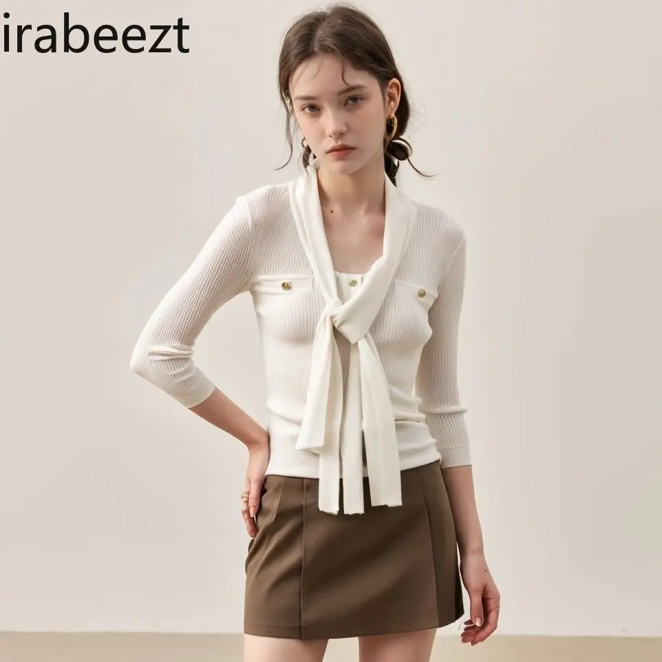 Elegant V-Neck Tie-Wrap Long Sleeve Sweater Women Winter Ribbed Knit Top Slimming Belted Waist Feminine Blouse Tunic Pullover