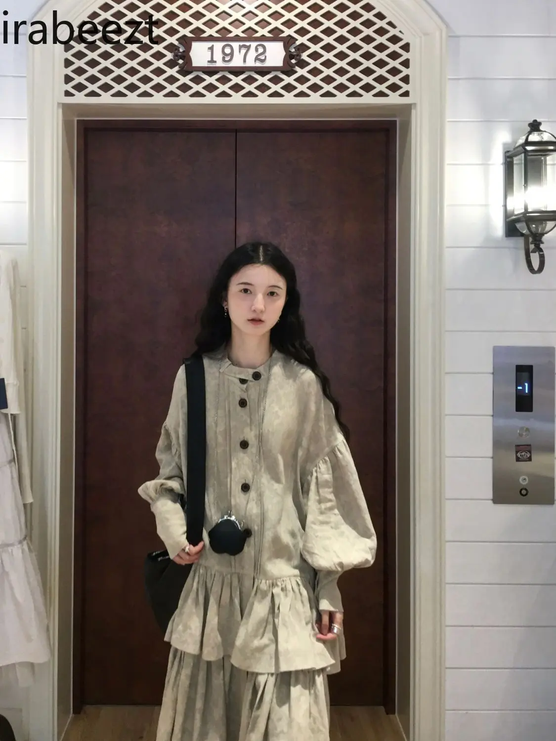 Neo-Chinese Style Apricot Patchwork Faux Two-Piece Shirt Gown - Lazy Chic Loose A-Line Tiered Ruffle Long Sleeve Overlay Dress