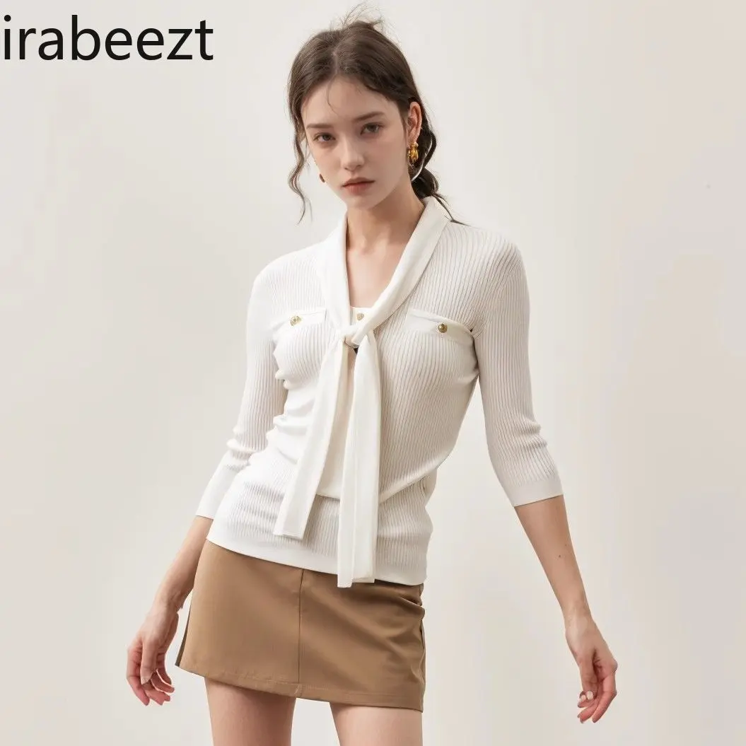 Elegant V-Neck Tie-Wrap Long Sleeve Sweater Women Winter Ribbed Knit Top Slimming Belted Waist Feminine Blouse Tunic Pullover
