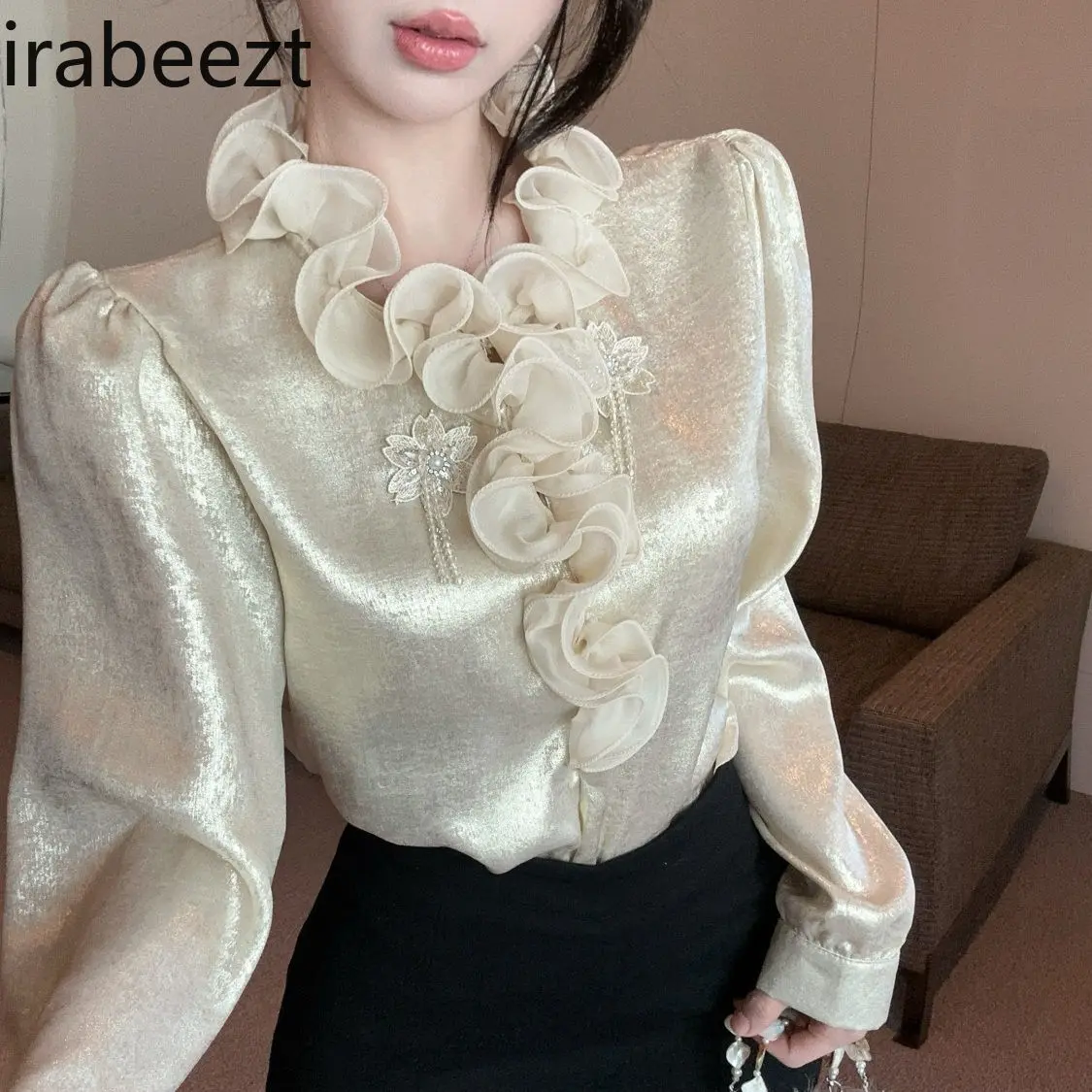 2025 Summer New French Temperament Lace Chic Tops Loose Shirt Tops Design Solid Color Casual Blusas Femininas Elegantes