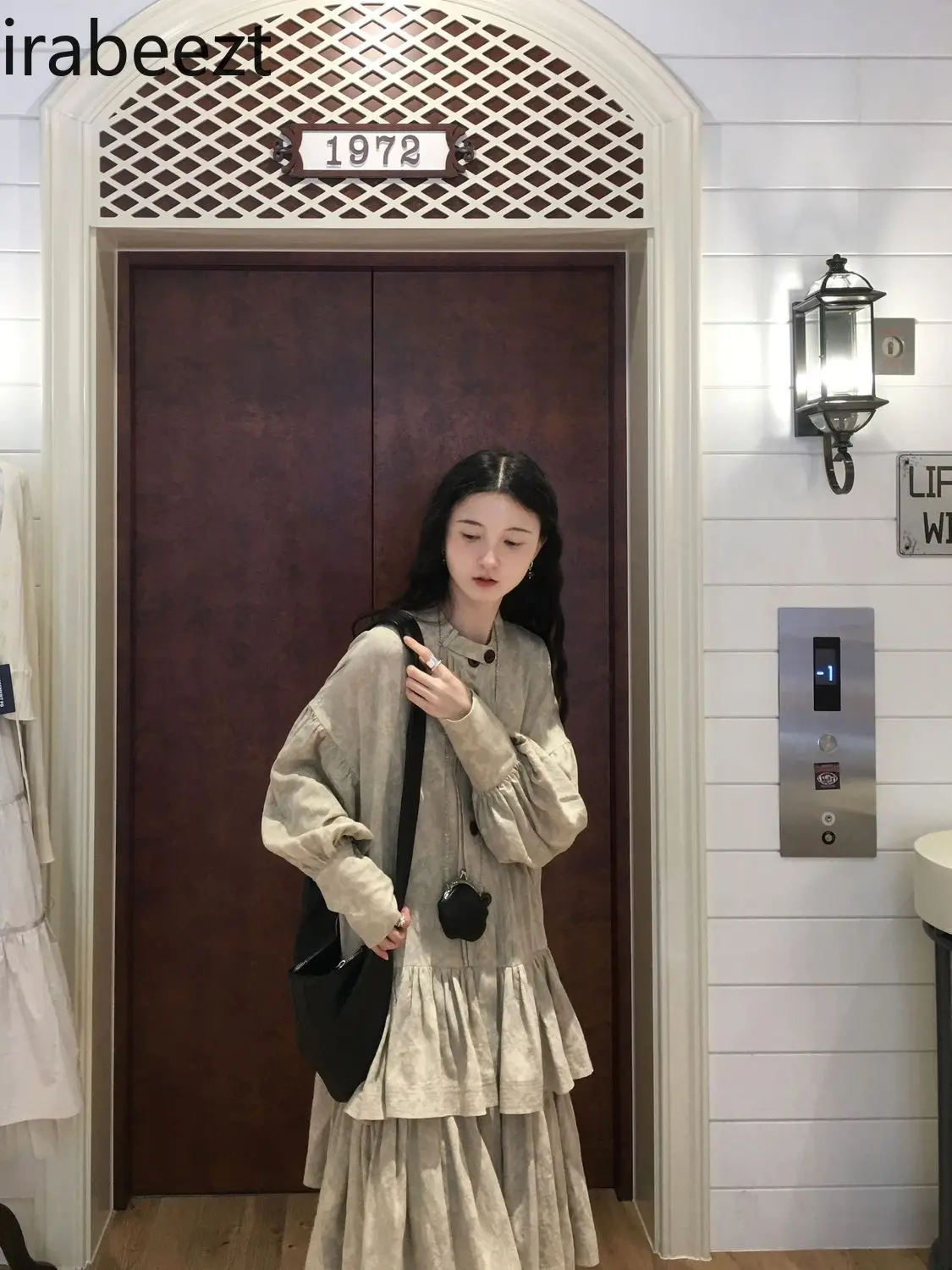 Neo-Chinese Style Apricot Patchwork Faux Two-Piece Shirt Gown - Lazy Chic Loose A-Line Tiered Ruffle Long Sleeve Overlay Dress
