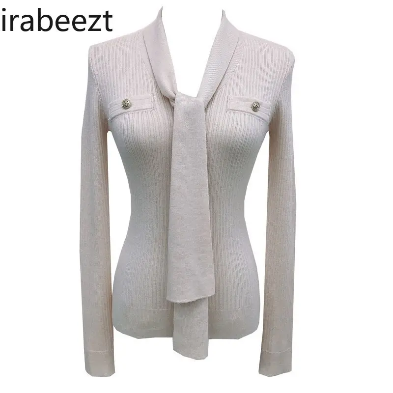 Elegant V-Neck Tie-Wrap Long Sleeve Sweater Women Winter Ribbed Knit Top Slimming Belted Waist Feminine Blouse Tunic Pullover