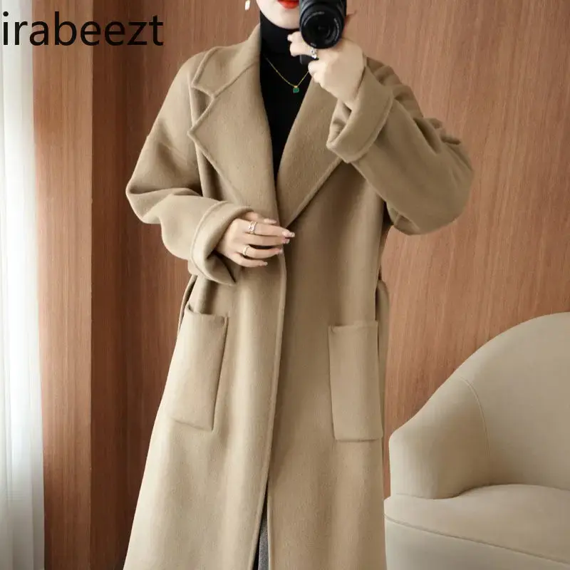 100% Pure Wool Loose Thickened Double-sided Cashmere Coat Women's Mid-length Korean Silhouette Suit Collar Woolen Jacket
