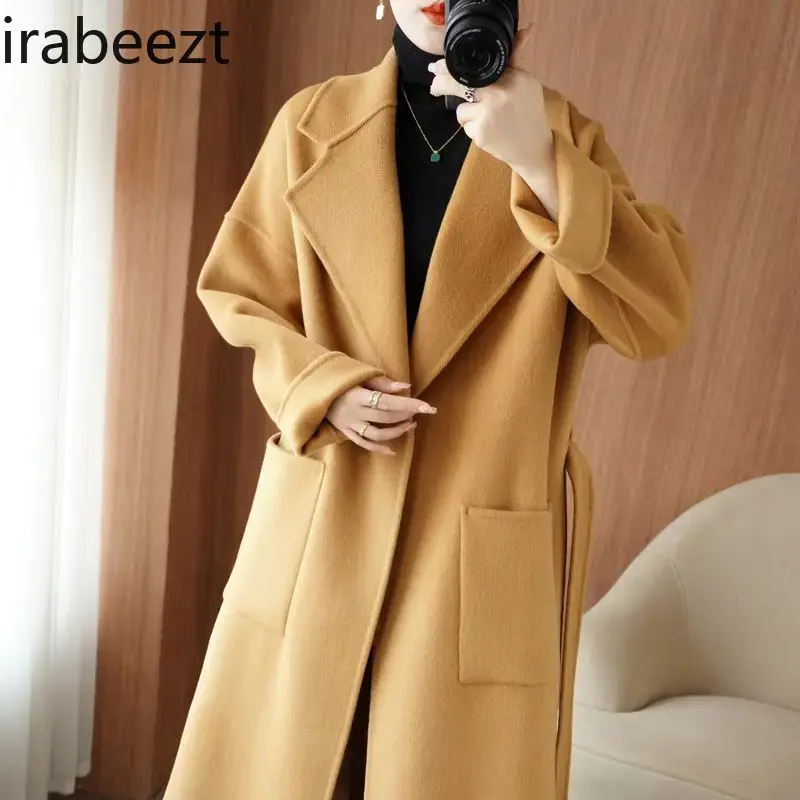 100% Pure Wool Loose Thickened Double-sided Cashmere Coat Women's Mid-length Korean Silhouette Suit Collar Woolen Jacket