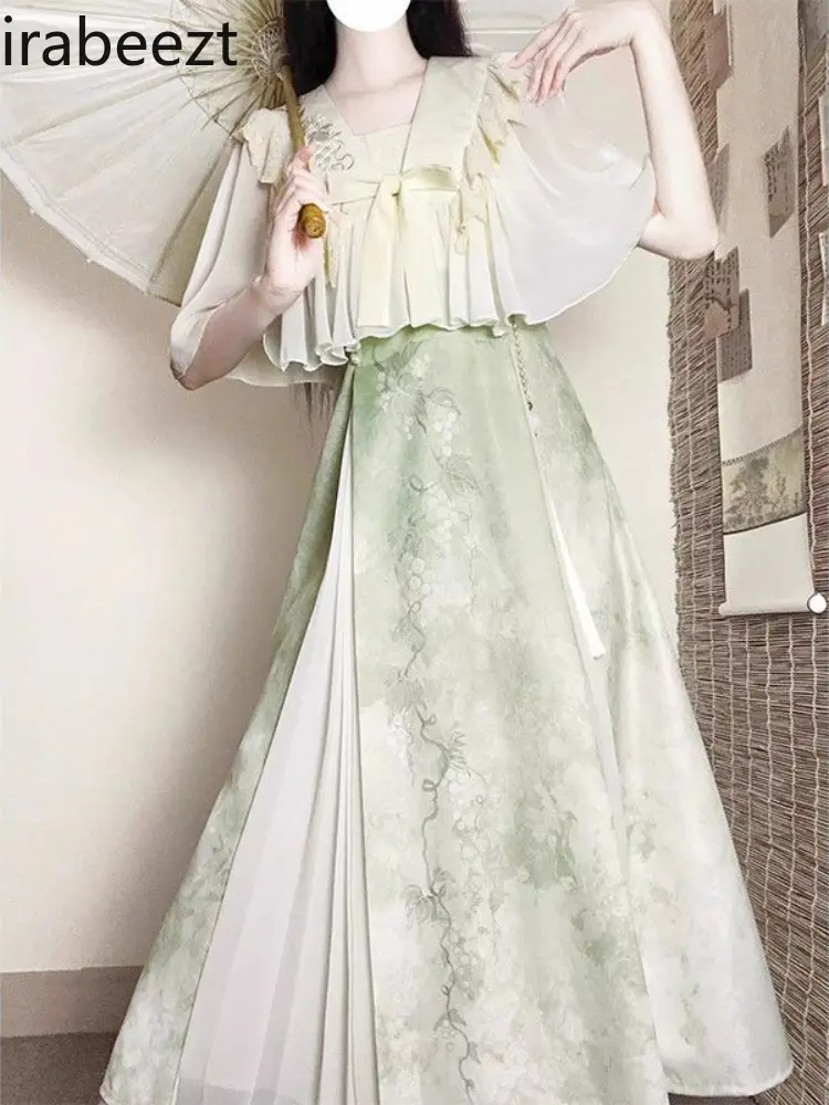 Summer Gown Set Modern Hanfu Style Off-Shoulder Blouse & Slip Dress Two-Piece Slimming Chiffon Outfit for Women