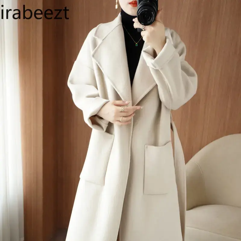 100% Pure Wool Loose Thickened Double-sided Cashmere Coat Women's Mid-length Korean Silhouette Suit Collar Woolen Jacket