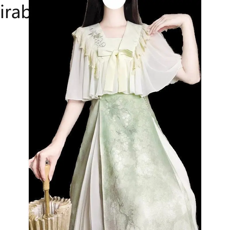Summer Gown Set Modern Hanfu Style Off-Shoulder Blouse & Slip Dress Two-Piece Slimming Chiffon Outfit for Women