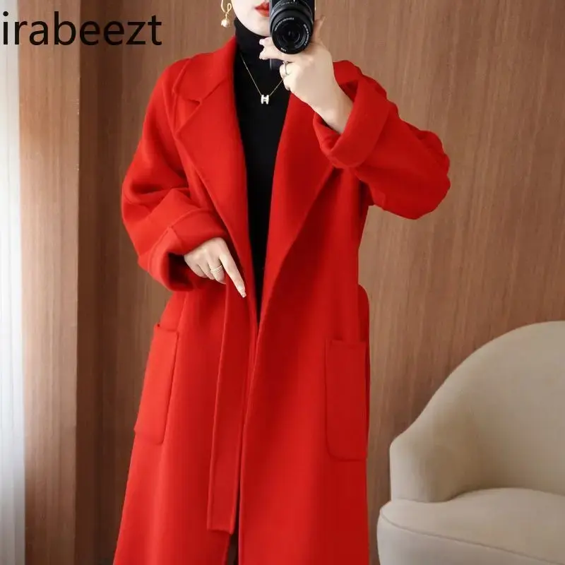 100% Pure Wool Loose Thickened Double-sided Cashmere Coat Women's Mid-length Korean Silhouette Suit Collar Woolen Jacket