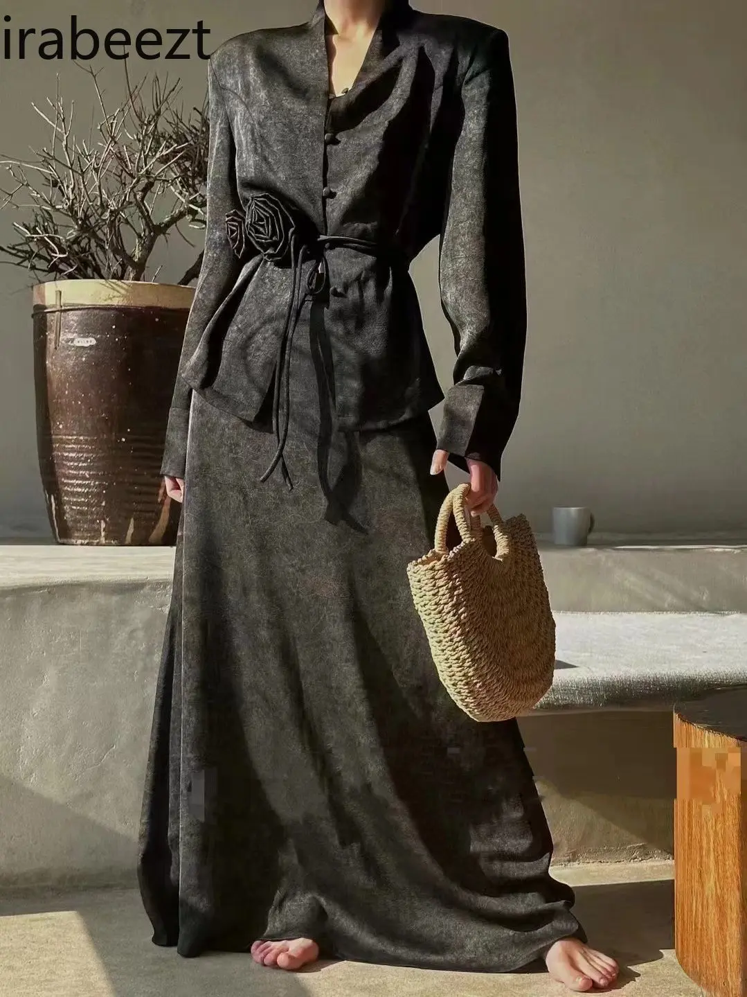 Retro V-Neck Shirt & Long Skirt Set for Women - 2025 Spring Vintage Floral Printed Bodycon Waist-tie Dress Two-Piece Outfit