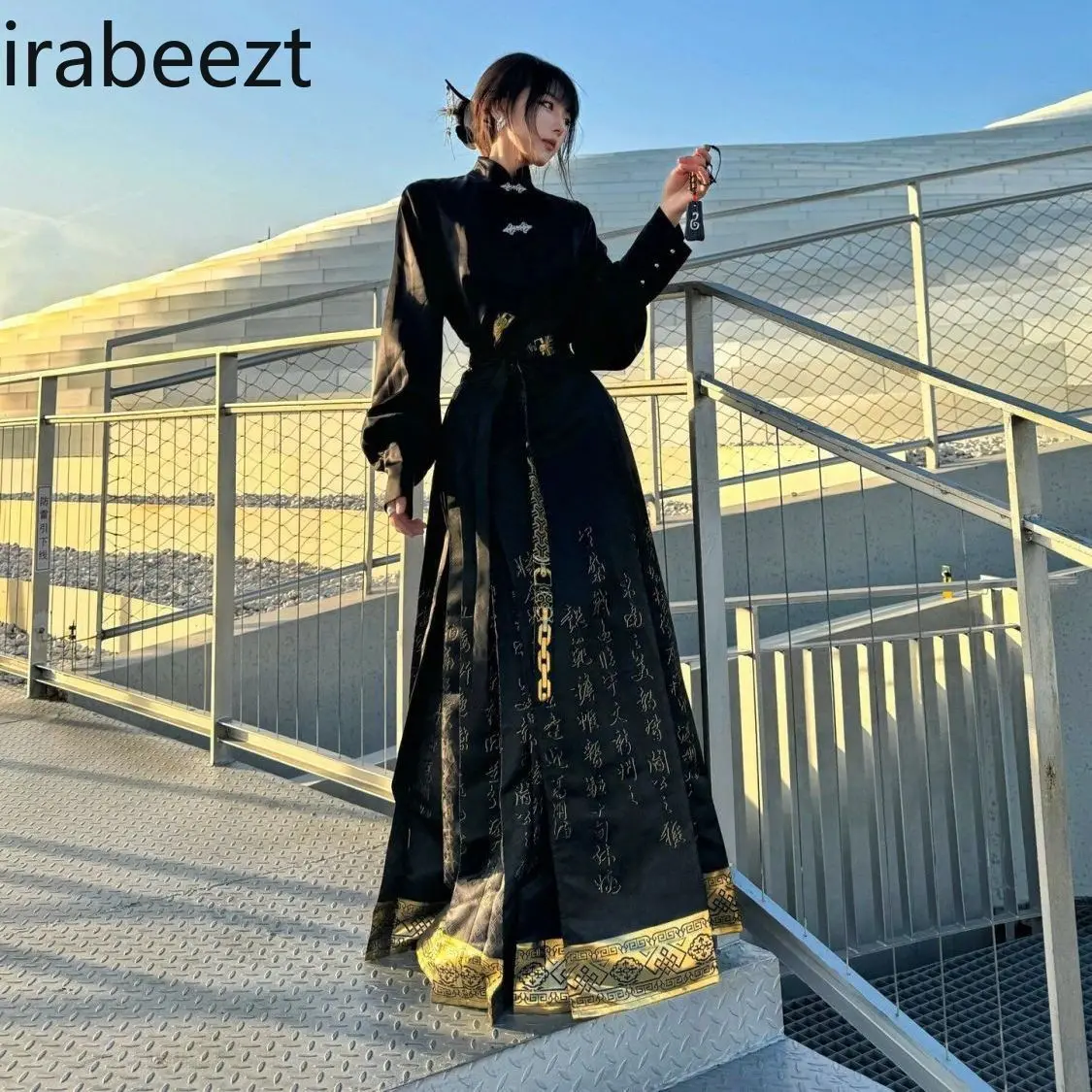 Commuter Hanfu Suit Chinese Style Improved National Style Stand-up Collar Horse Face Black Half-length Two-piece Suit
