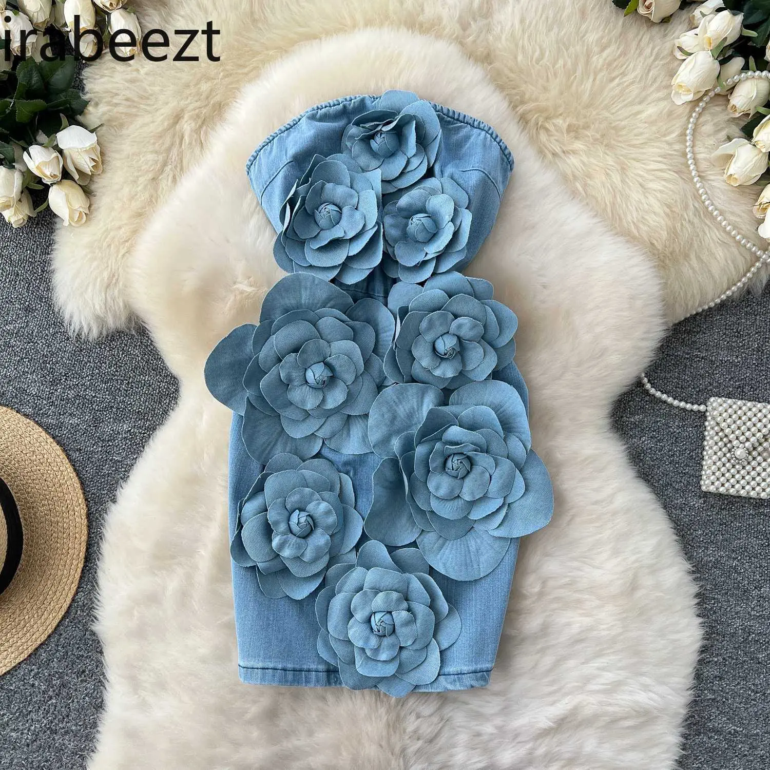 Sleeveless Tube Top Robe for Women High-end Three-dimensional Flowers Waist-hugging and Slimming Denim Hip-wrapped Short Dress
