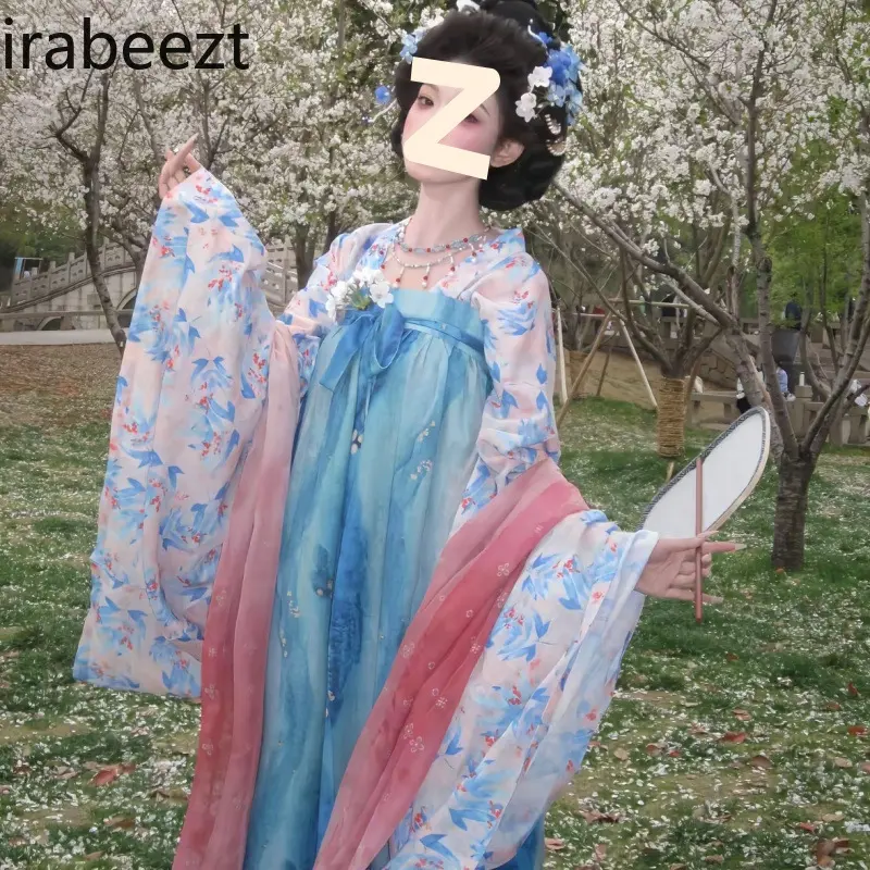 New Chinese Hanfu Dress Women's Summer Blue Floral Print Tang Style Two-Piece Set with Wide Sleeves & High Waist Skirt