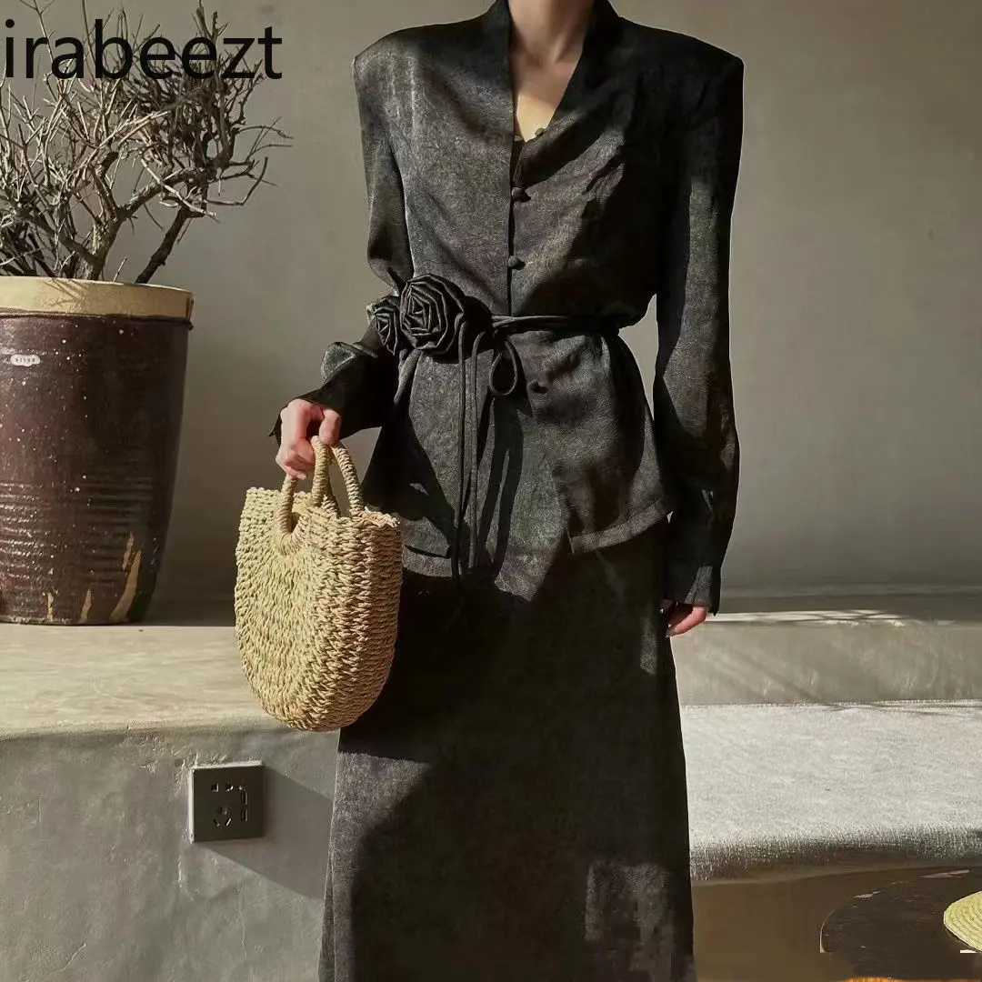 Retro V-Neck Shirt & Long Skirt Set for Women - 2025 Spring Vintage Floral Printed Bodycon Waist-tie Dress Two-Piece Outfit