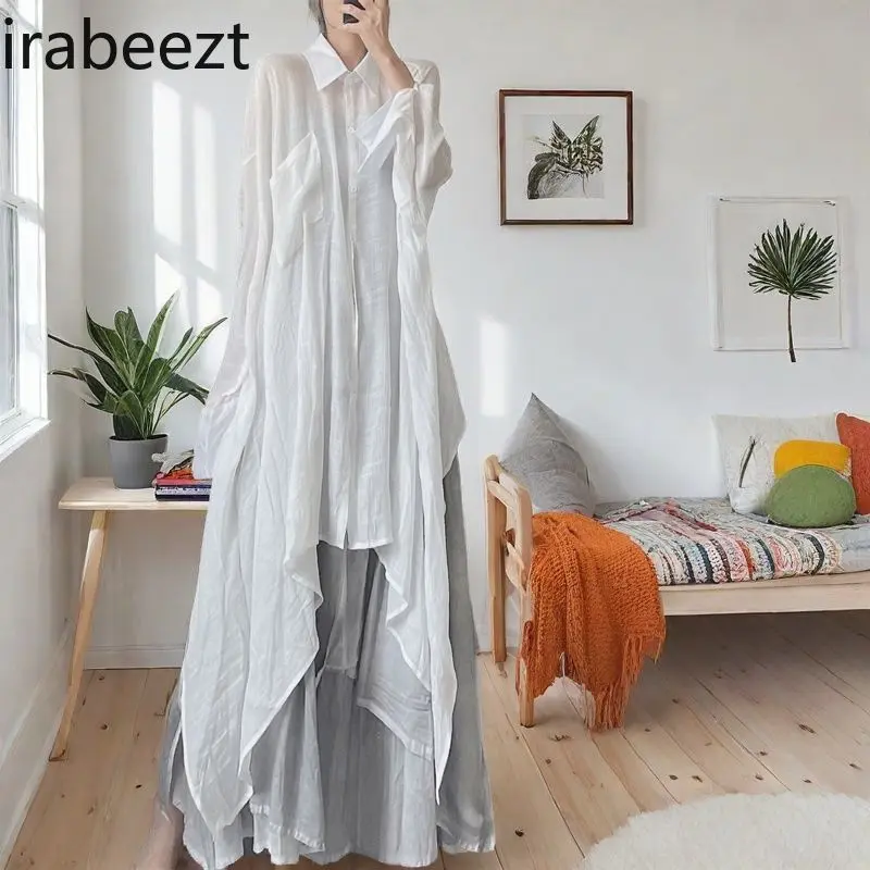 Plus Size Women's Muslin Shirt Dress with Asymmetrical Flowy Hem Collared Neck Loose Fit Midi Length Artistic Style