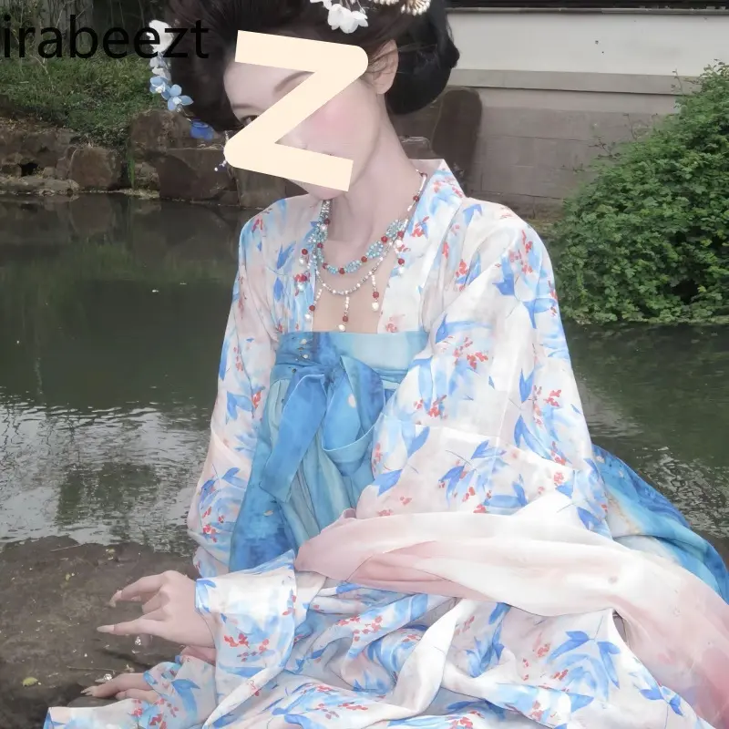 New Chinese Hanfu Dress Women's Summer Blue Floral Print Tang Style Two-Piece Set with Wide Sleeves & High Waist Skirt