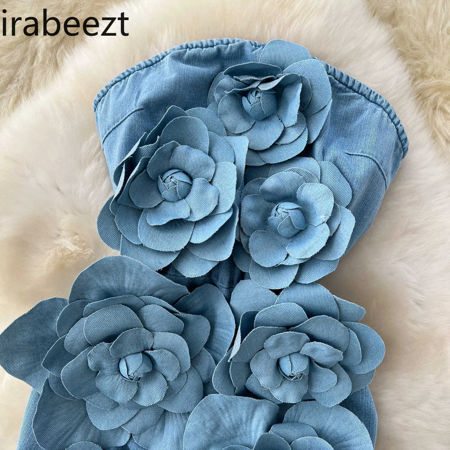 Sleeveless Tube Top Robe for Women High-end Three-dimensional Flowers Waist-hugging and Slimming Denim Hip-wrapped Short Dress
