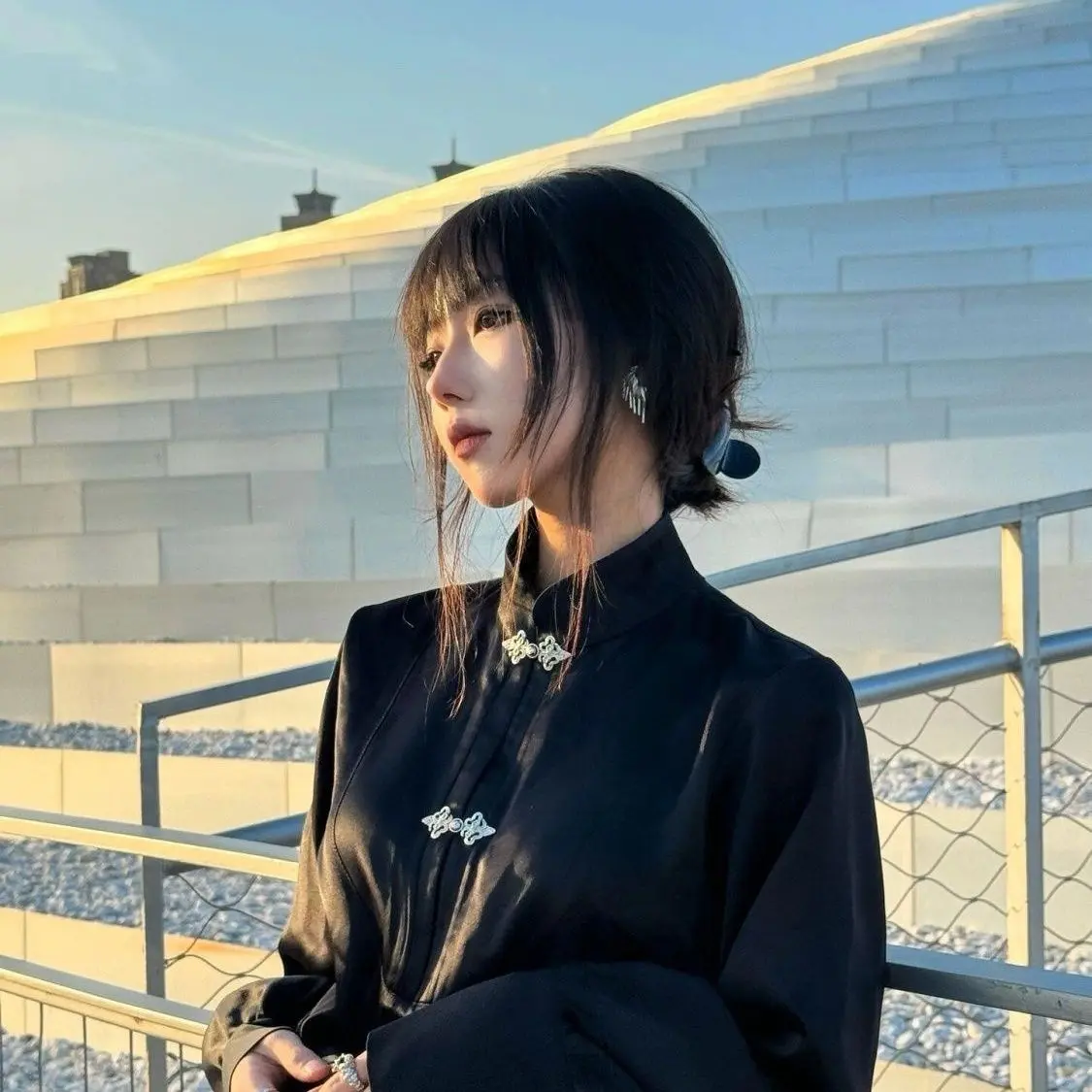 Commuter Hanfu Suit Chinese Style Improved National Style Stand-up Collar Horse Face Black Half-length Two-piece Suit