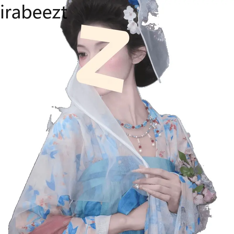 New Chinese Hanfu Dress Women's Summer Blue Floral Print Tang Style Two-Piece Set with Wide Sleeves & High Waist Skirt