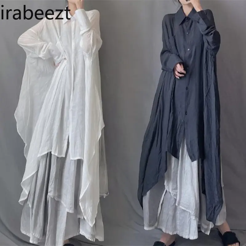 Plus Size Women's Muslin Shirt Dress with Asymmetrical Flowy Hem Collared Neck Loose Fit Midi Length Artistic Style