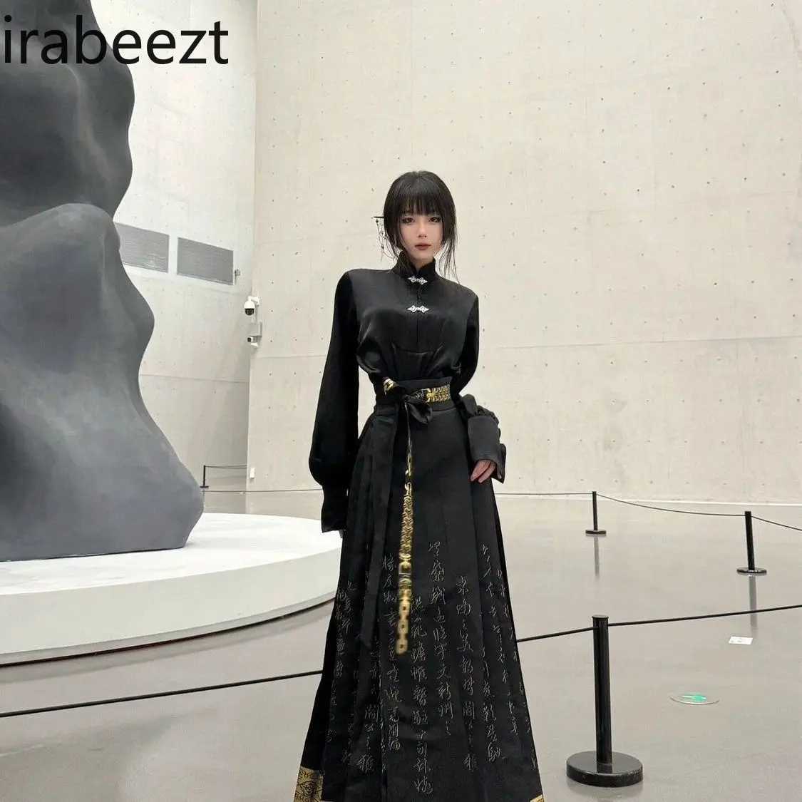 Commuter Hanfu Suit Chinese Style Improved National Style Stand-up Collar Horse Face Black Half-length Two-piece Suit
