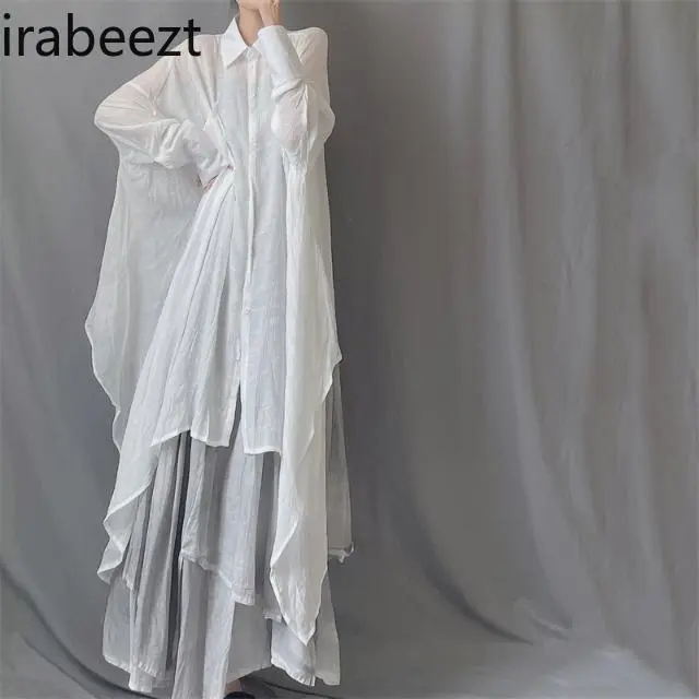 Plus Size Women's Muslin Shirt Dress with Asymmetrical Flowy Hem Collared Neck Loose Fit Midi Length Artistic Style