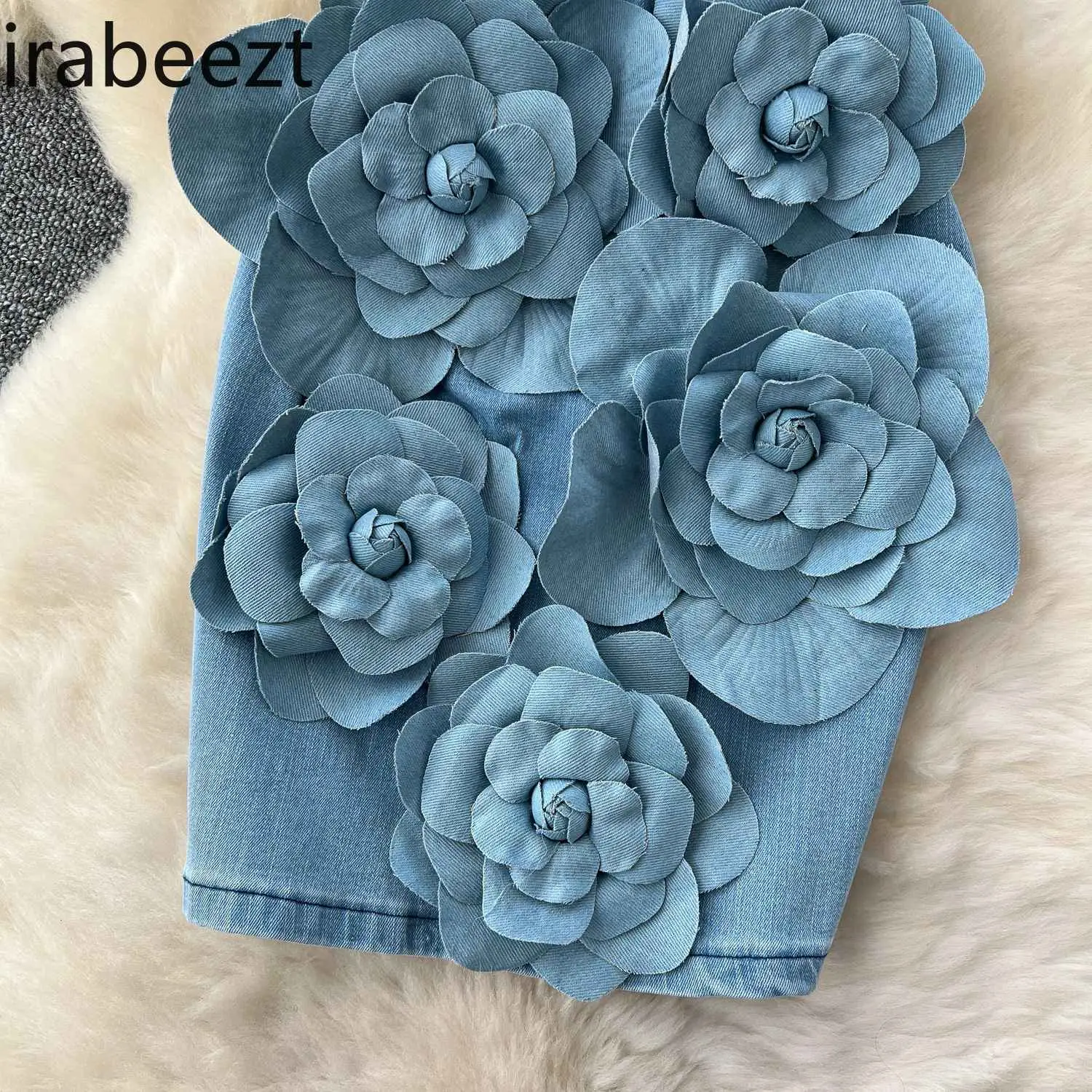 Sleeveless Tube Top Robe for Women High-end Three-dimensional Flowers Waist-hugging and Slimming Denim Hip-wrapped Short Dress