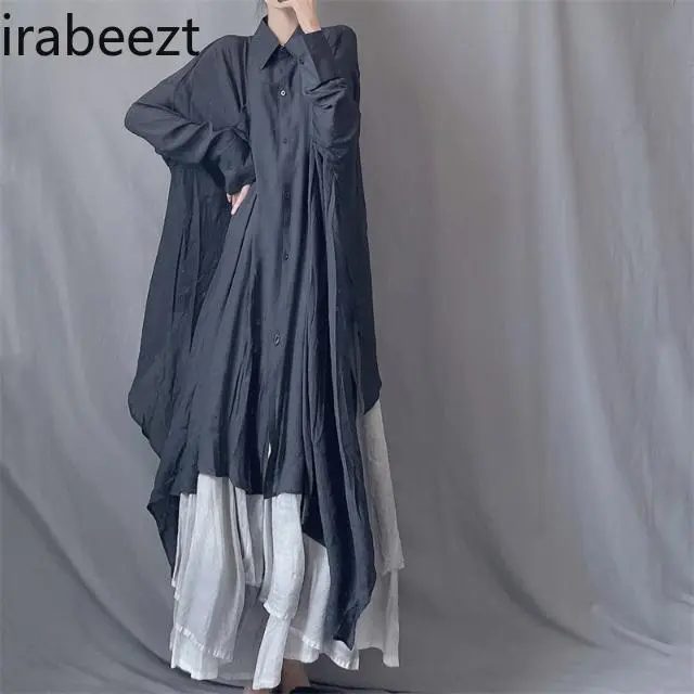 Plus Size Women's Muslin Shirt Dress with Asymmetrical Flowy Hem Collared Neck Loose Fit Midi Length Artistic Style