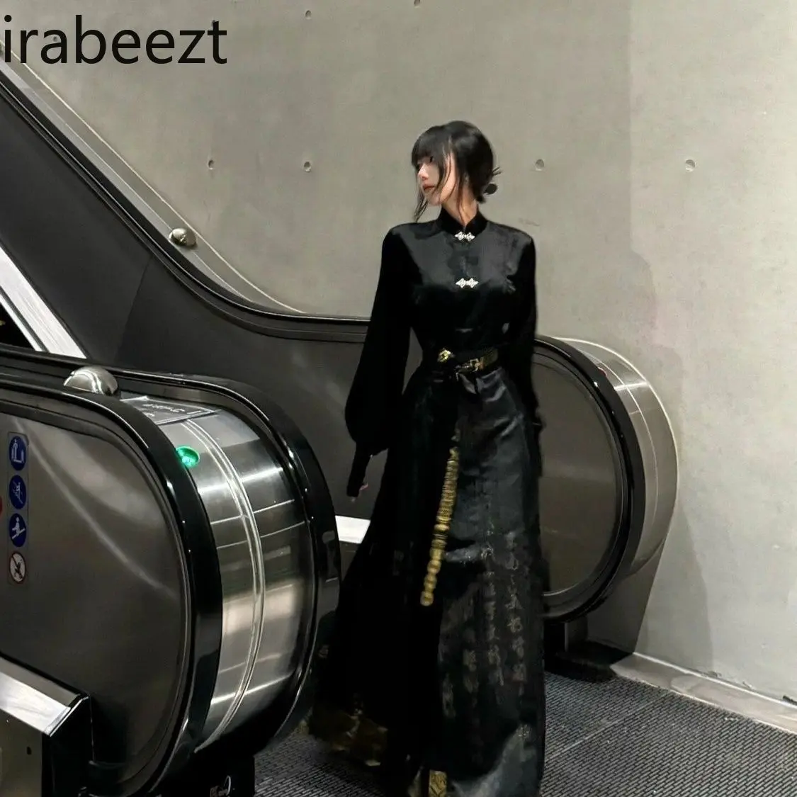 Commuter Hanfu Suit Chinese Style Improved National Style Stand-up Collar Horse Face Black Half-length Two-piece Suit