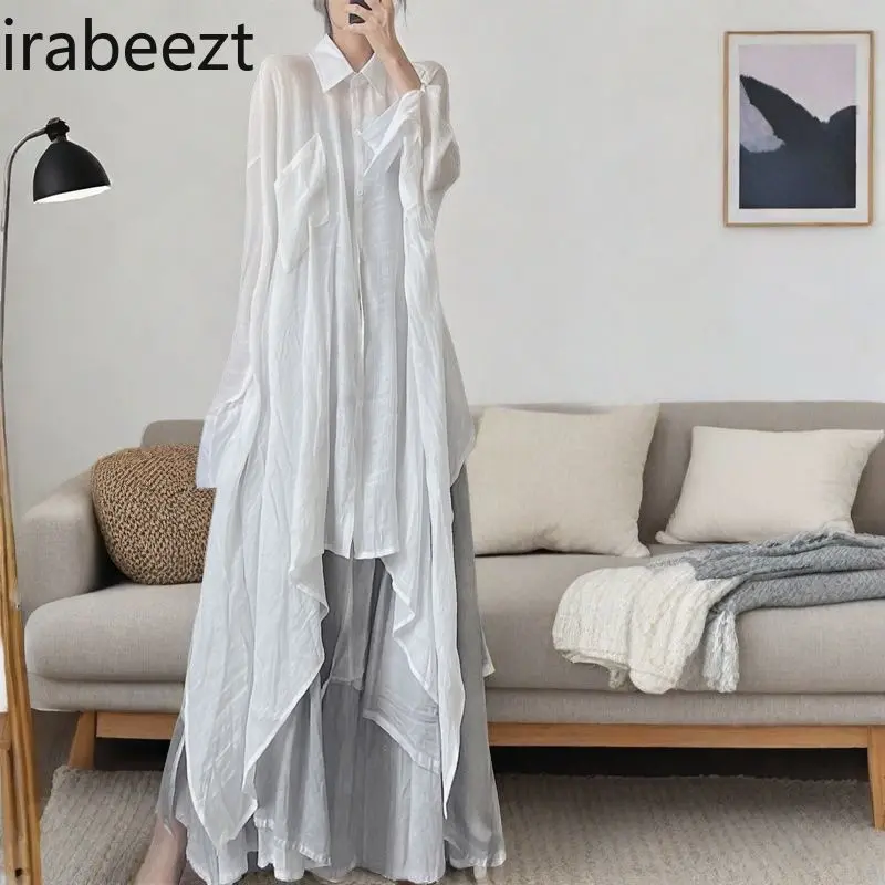 Plus Size Women's Muslin Shirt Dress with Asymmetrical Flowy Hem Collared Neck Loose Fit Midi Length Artistic Style