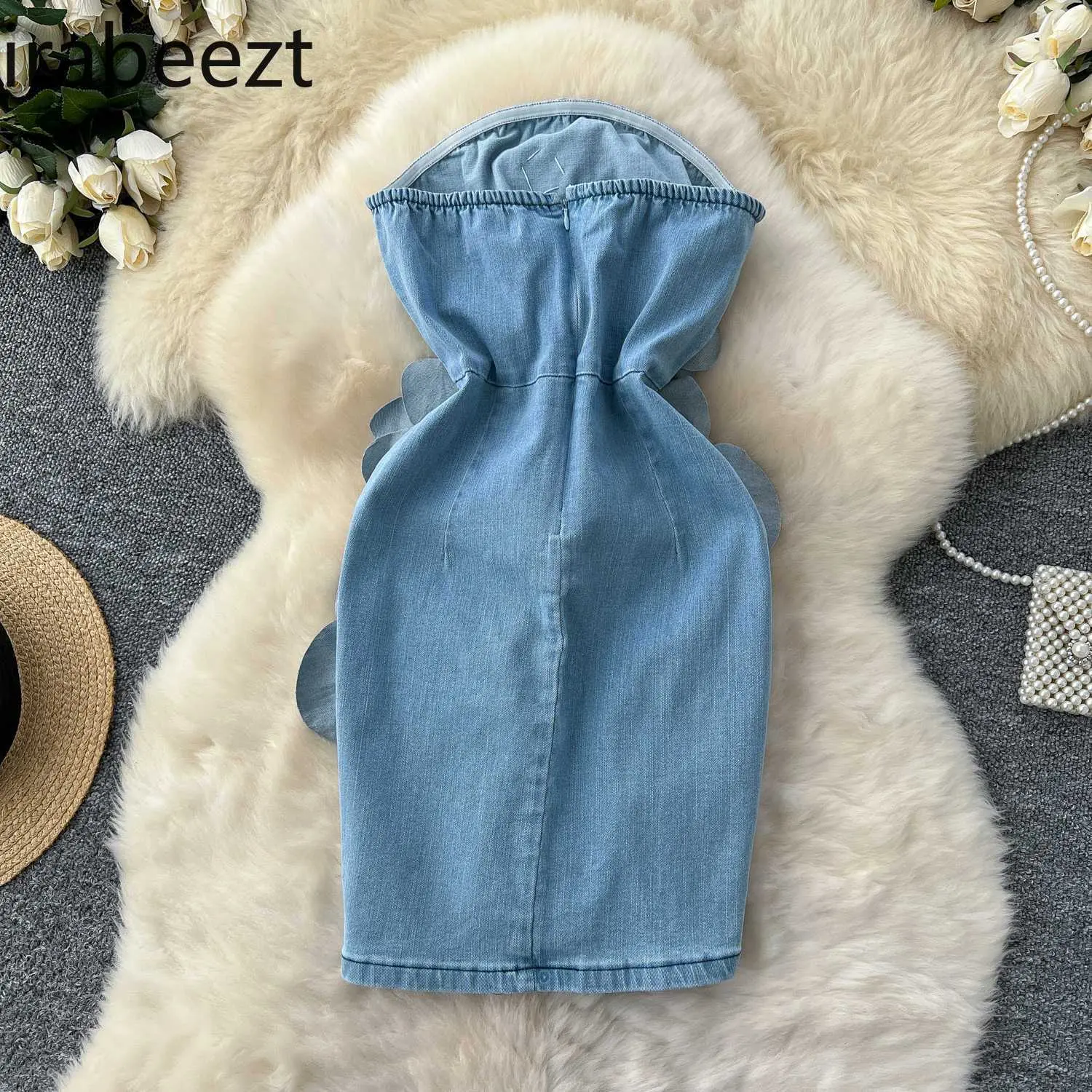 Sleeveless Tube Top Robe for Women High-end Three-dimensional Flowers Waist-hugging and Slimming Denim Hip-wrapped Short Dress