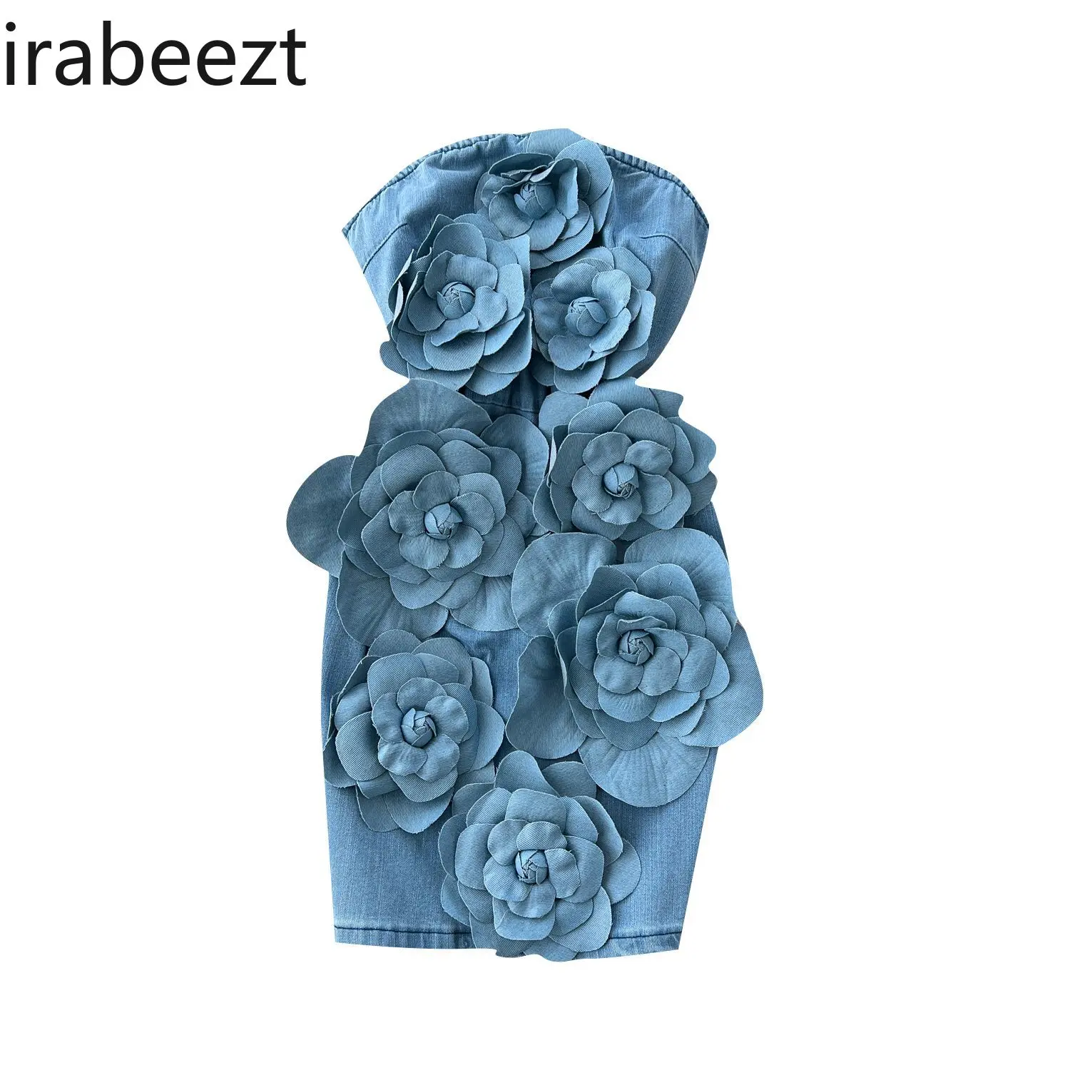 Sleeveless Tube Top Robe for Women High-end Three-dimensional Flowers Waist-hugging and Slimming Denim Hip-wrapped Short Dress