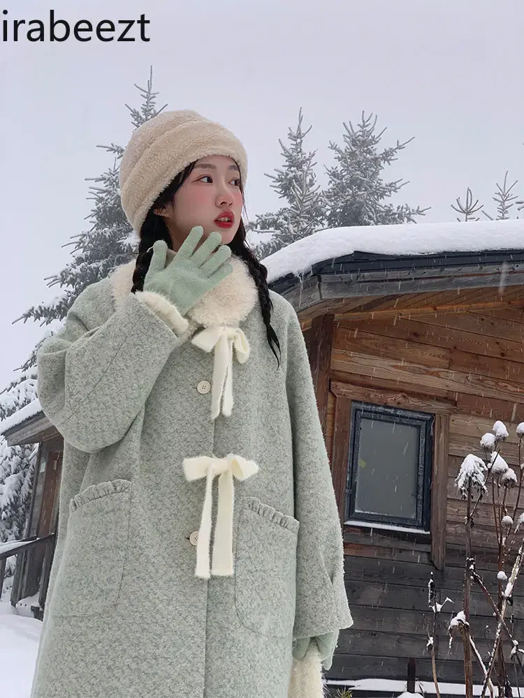 Furry Doll Collar Thickened Jacket for Women Winter Oblique Placket Green Mid-length Woolen Sweet Forest Style Cute Coat