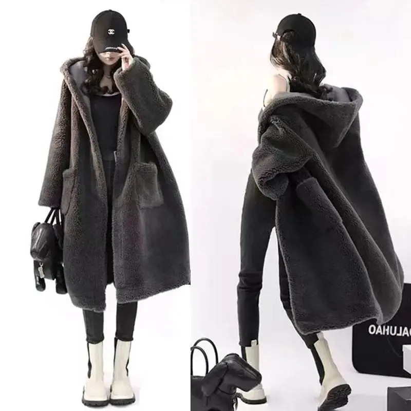 High-grade Solid Color Imitation Lamb Wool Lapel Hood Temperament Woolen Coat Women's Fashion Vintage Roupas Femininas