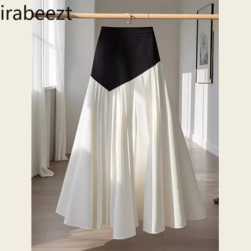 Women's A-line Pleated Skirt High Waist Drape Slimming Color-Block Design Luxury-Inspired Trendy Fitted Semi-Skirt