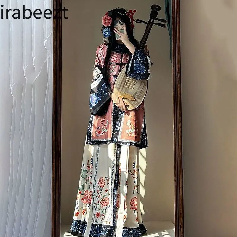 Chinese Qipao Women's Elegant Floral Print High Waist Side Slit A-Line Cheongsam Traditional Hanfu Costume Autumn Outerwear