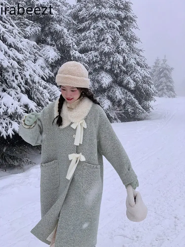 Furry Doll Collar Thickened Jacket for Women Winter Oblique Placket Green Mid-length Woolen Sweet Forest Style Cute Coat