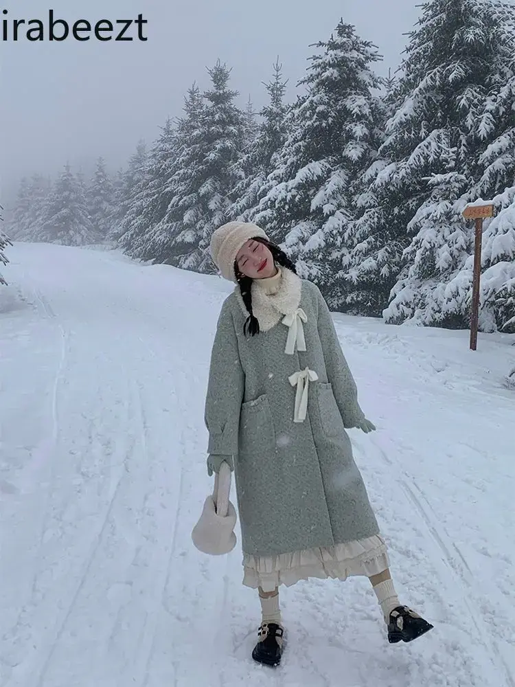 Furry Doll Collar Thickened Jacket for Women Winter Oblique Placket Green Mid-length Woolen Sweet Forest Style Cute Coat
