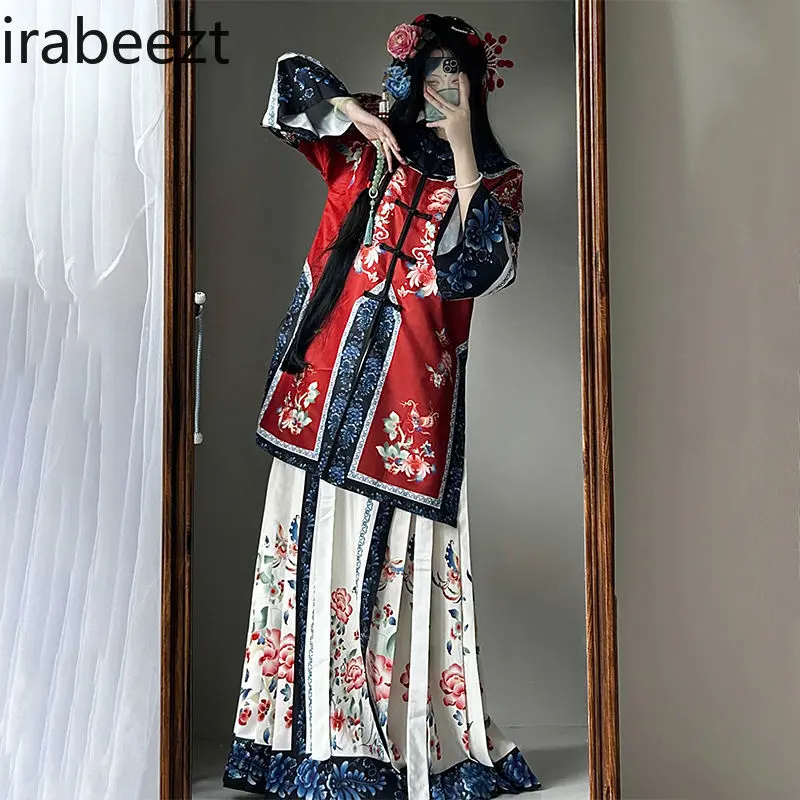 Chinese Qipao Women's Elegant Floral Print High Waist Side Slit A-Line Cheongsam Traditional Hanfu Costume Autumn Outerwear
