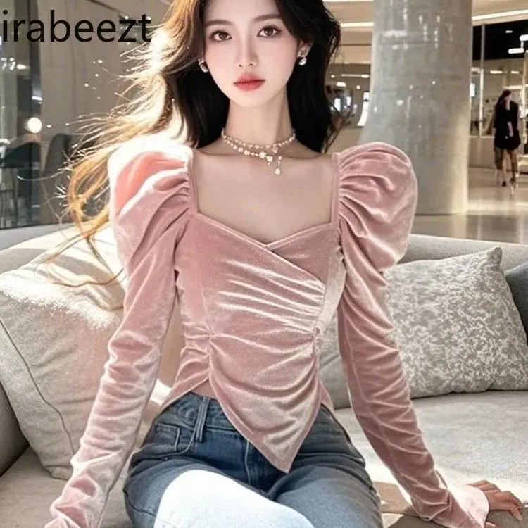 Elegant French Pink Velvet Blouse Women 2025 Winter Slim Fit Bubble Long Sleeve Tops Blusas Femininas Elegantes