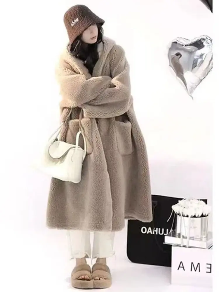 High-grade Solid Color Imitation Lamb Wool Lapel Hood Temperament Woolen Coat Women's Fashion Vintage Roupas Femininas